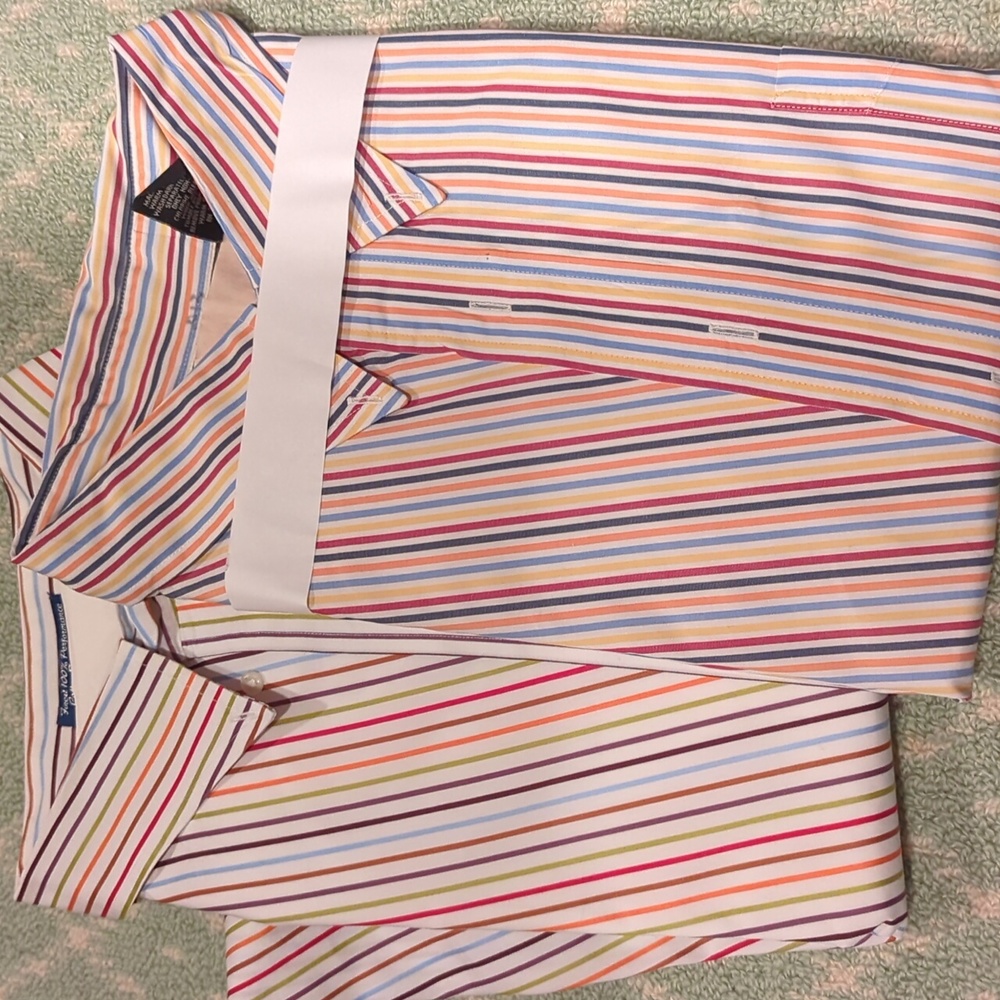 Two XXL colored striped shirts all cotton. Jos A Bank and Paul Frederick brand.
